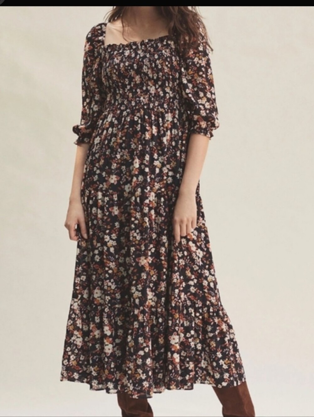 Ann Taylor Black Floral Smocked Maxi Dress